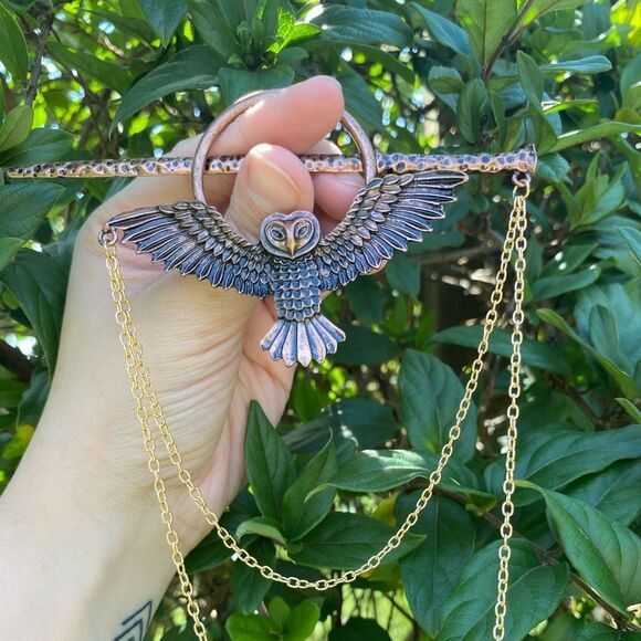 Bohemian Bronze Owl Hairpin with chain accent engraved detailing NEW - Picture 7 of 8